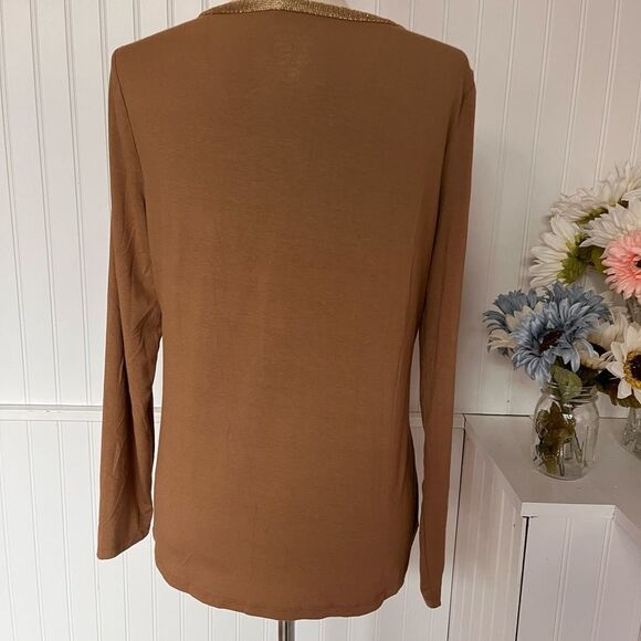 Brown Long Sleeve Gold Trim Round Neckline SIZE 1 - Picture 2 of 10